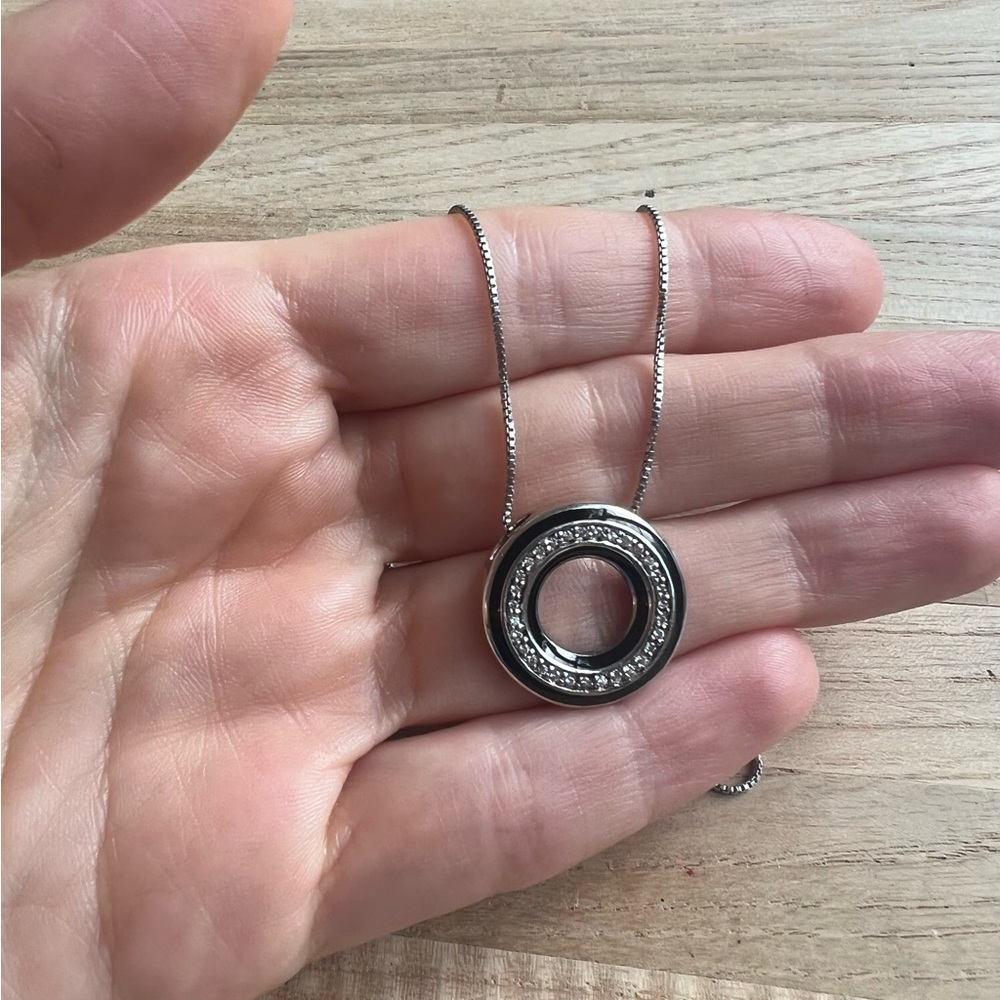925 Sterling silver open circle necklace cubic zirconia and black enamel